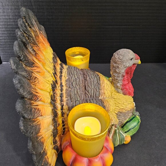 Large Resin Thanksgiving Colorful Turkey Centerpiece With 2 Candle Holders 2 LED - Picture 9 of 12